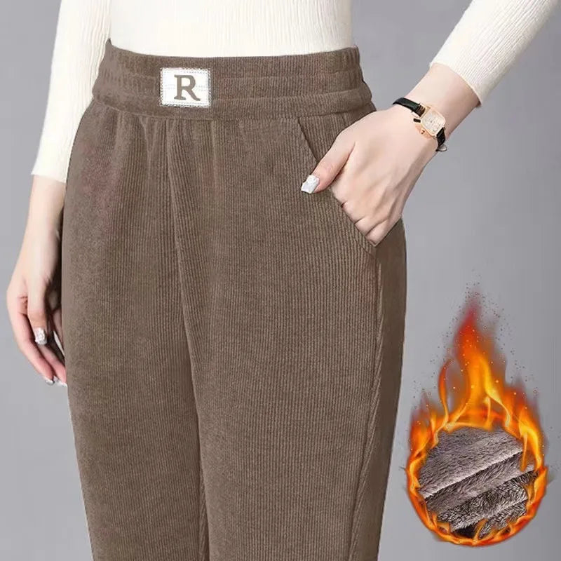 Autumn Winter Thickened Fleece Harlan Pants Women's Loose Casual Straight Leg Pants with Pockets Polyester Fiber Long Trousers