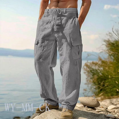European And American Men's Cotton And Linen Trousers Multi-pocket Work Pants Loose Straight Sportswear And Casual Trousers