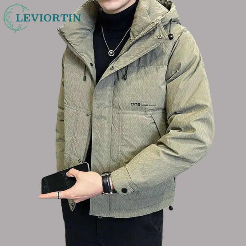 Fashion Vintage Down Jacket For Men Fall Winter Warm Parka Coats Male Lightweight Stand Up White Duck Down Hooded Puffer Jacket