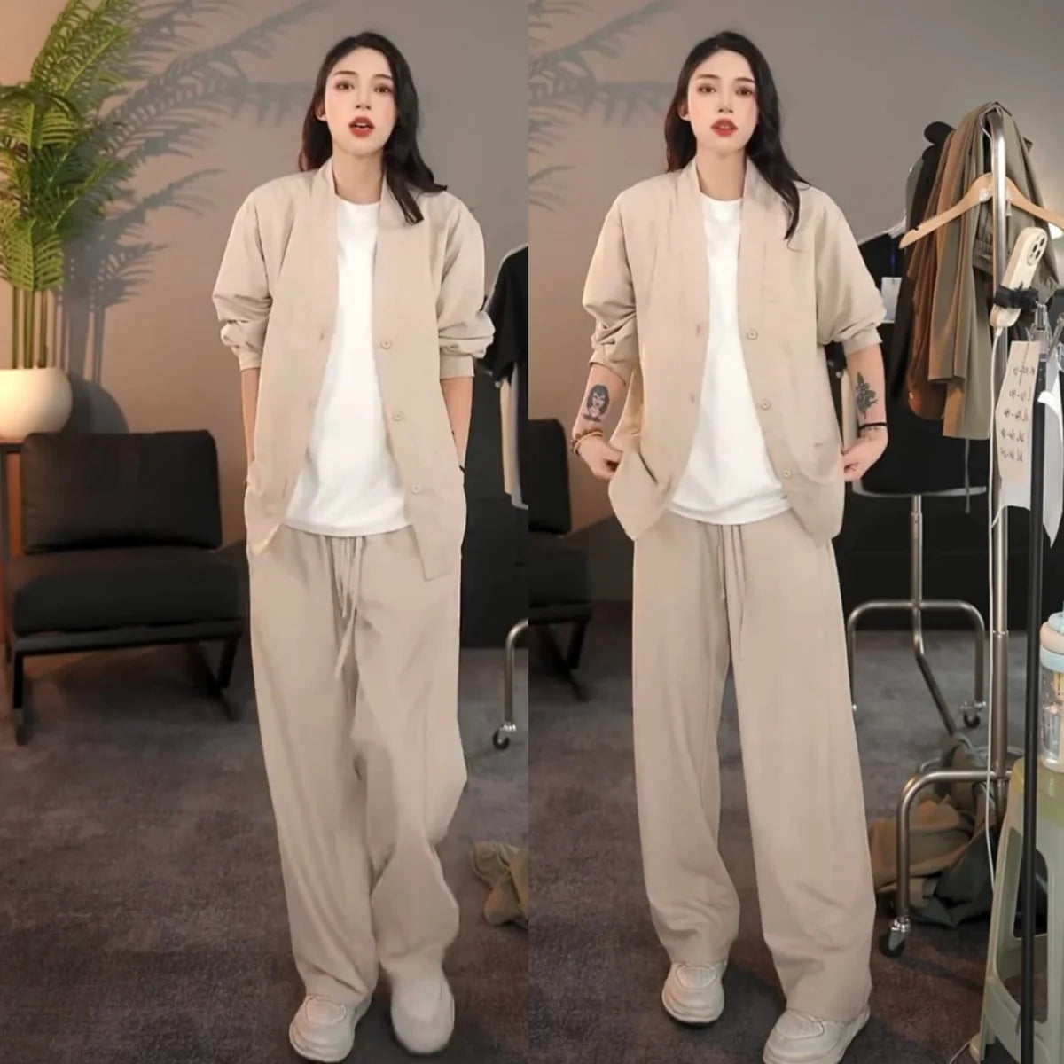 Casual Linen Silk Men Women Set Spring Summer Fashion Straight Leg Pants Long Sleeve Shirt Outerwear Two Piece Set Couple Out...