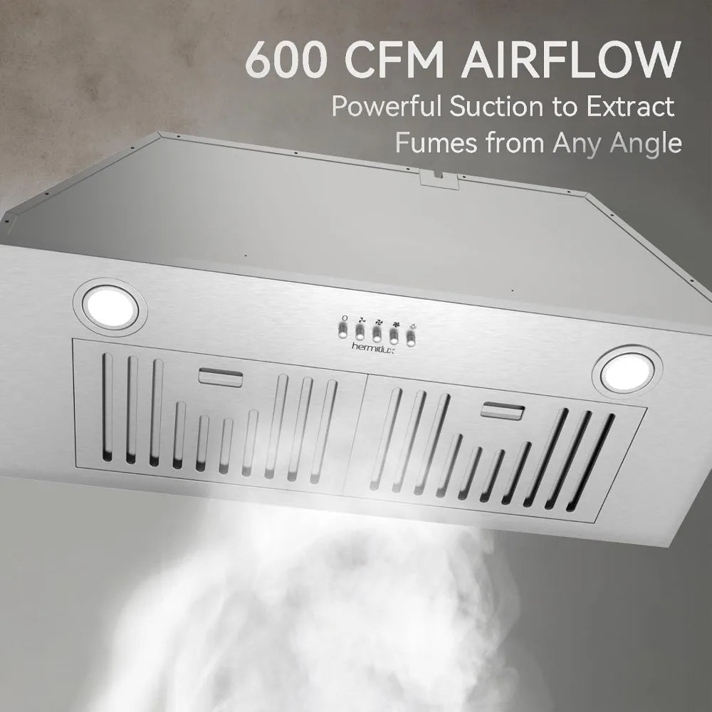 30 inch Built-in Range Hood, 600 CFM, 3 Speed, Ducted/Ductless, Stainless Steel with LED Light and Baffle Filters