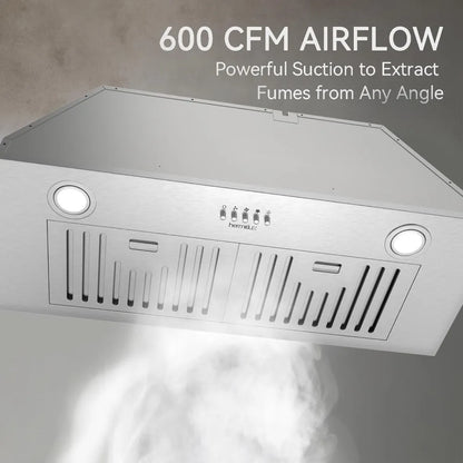 30 inch Built-in Range Hood, 600 CFM, 3 Speed, Ducted/Ductless, Stainless Steel with LED Light and Baffle Filters