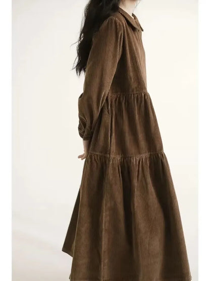 Japanese Style Long Sleeve Corduroy A-Line Dress Loose Slimming Simple Design Women's plus Size Dress Daily Wear Long Dress