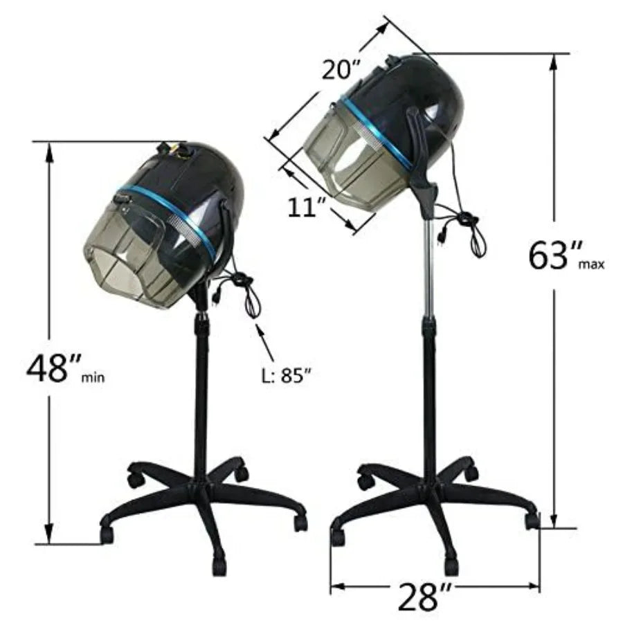Home salon spa beauty equipment: 1300W professional hooded floor hair bonnet dryer with adjustable height, rolling base, black