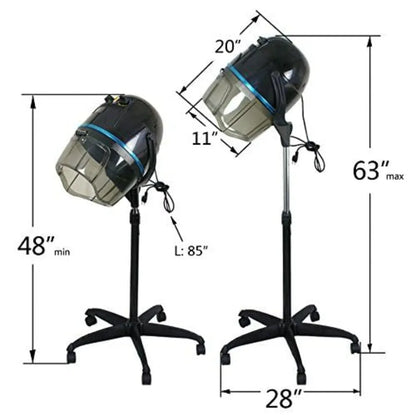 Home salon spa beauty equipment: 1300W professional hooded floor hair bonnet dryer with adjustable height, rolling base, black