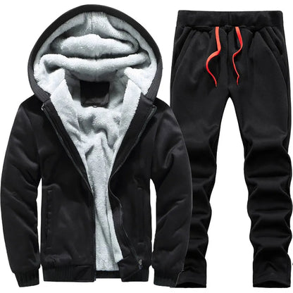 Men's Winter Jackets Thick Warm Jacket Brand Sportswear Coat Pants Solid Color Fleece Zipper Hooded Long Sleeved Male Outerwear