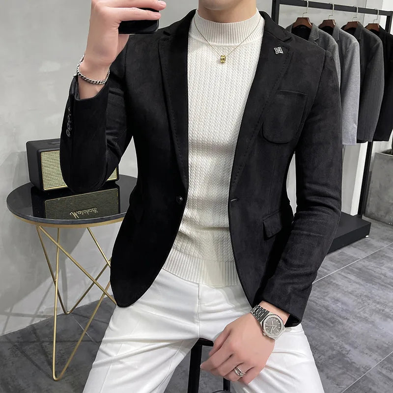 KIDWHXR Men's Fleece Jacket Suit Coat Blazer Men's Business Leisure Slim Fit Brand Fashion High Quality Single Button Suit Coat