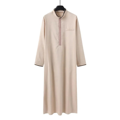 Men's Embroidered Stand Collar Transparent Fabric Arabic Long Sleeved Robe Traditional Middle Eastern Clothing