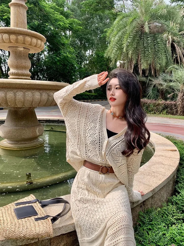 Kumikumi Lazy Style Hollow out Knitted Cardigan Jacket Women's High Waist  Skirt Fashion Set Spring 2025 Acrylic Fabric