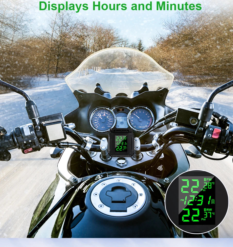 Powstation TPMS Wireless Motorcycle Tire Pressure Monitoring System Solar Charge Tyre Temperature Alarm System Colorful Display