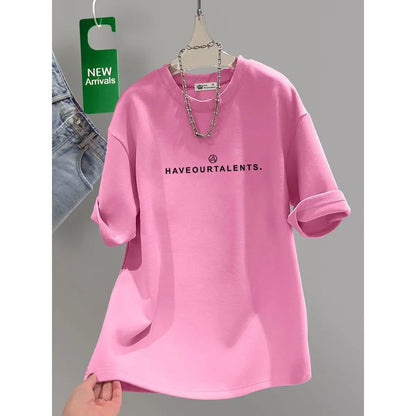 Women's Clothing Cotton T-shirt Spring/Summer Small Letters Short Sleeve Casual Tees Lady Versatile O-neck Basic Large Size Tops