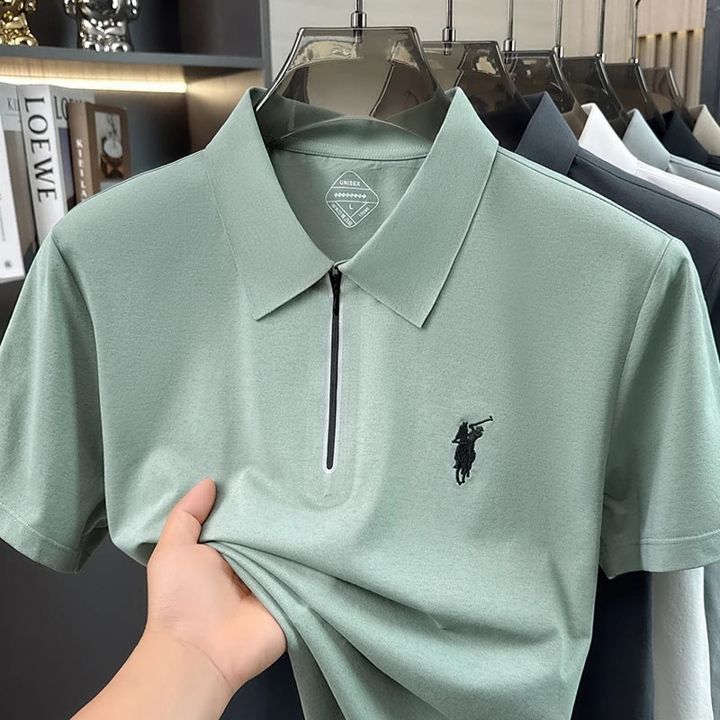 Summer New Ice Silk Cool Short Sleeved Polo Shirt, Skin Friendly, Breathable, Lapel Zipper, Business Casual T-shirt for Men