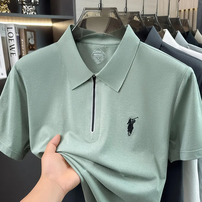 Summer New Ice Silk Cool Short Sleeved Polo Shirt, Skin Friendly, Breathable, Lapel Zipper, Business Casual T-shirt for Men