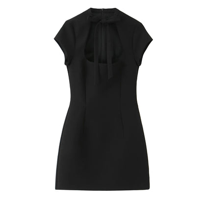 HH Summer Fashion Women's Polka Dot Mini Dress 2026 Short Sleeve Lace Up Collar Party Dress Female Hollow Out Sexy Evening Dress