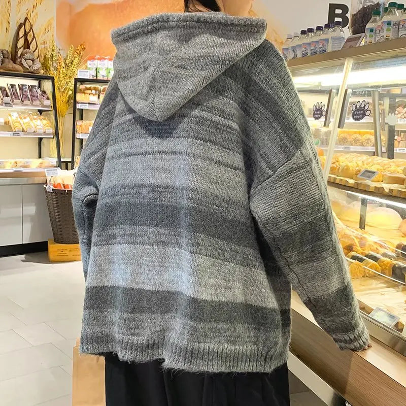 Color matching sweater in autumn and winter Men's China-Chic lazy retro loose striped hooded knitting INS casual versatile coat