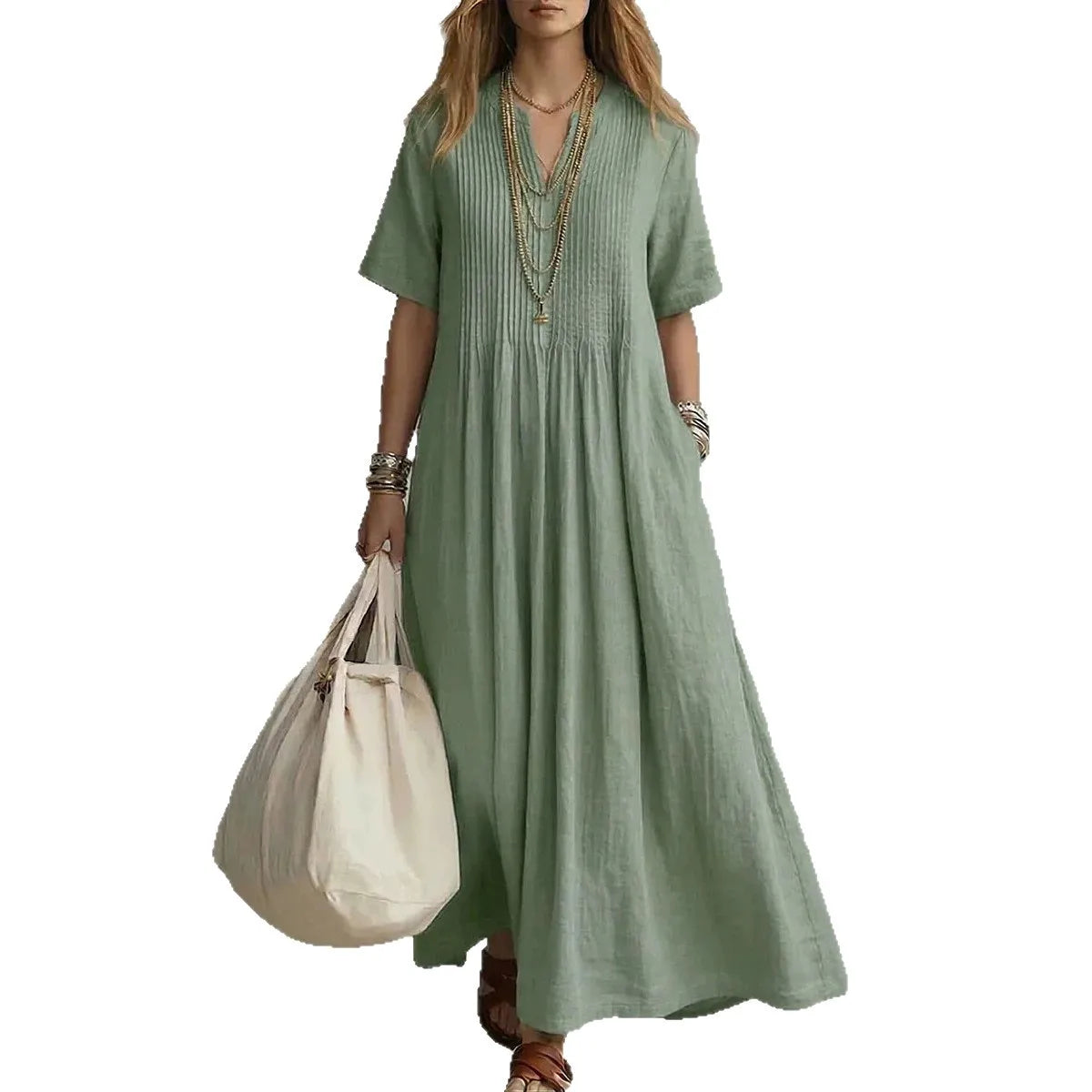 Casual Solid Color Linen Cotton Maxi Dress For Women Short Sleeve Loose Fit Long Dresses Relaxed Comfortable Summer Daily Wear