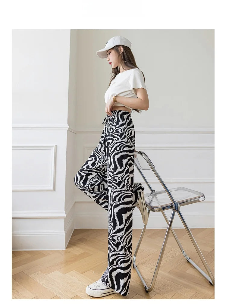 Summer Casual Loose Wide Leg Pants Women's Tie Dye Ink Ice Silk Loose Leopard Print Ethnic Style Long Pants Casual Trousers