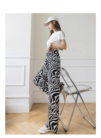 Summer Casual Loose Wide Leg Pants Women's Tie Dye Ink Ice Silk Loose Leopard Print Ethnic Style Long Pants Casual Trousers