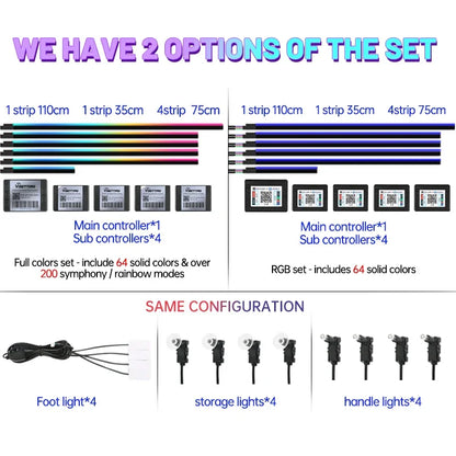 6/14/18 in 1 Led Acrylic Car Ambient Light RGB 64 213 Color Symphony Acrylic APP Streamer Rainbow Atmosphere Lamp Kit Dual Zone