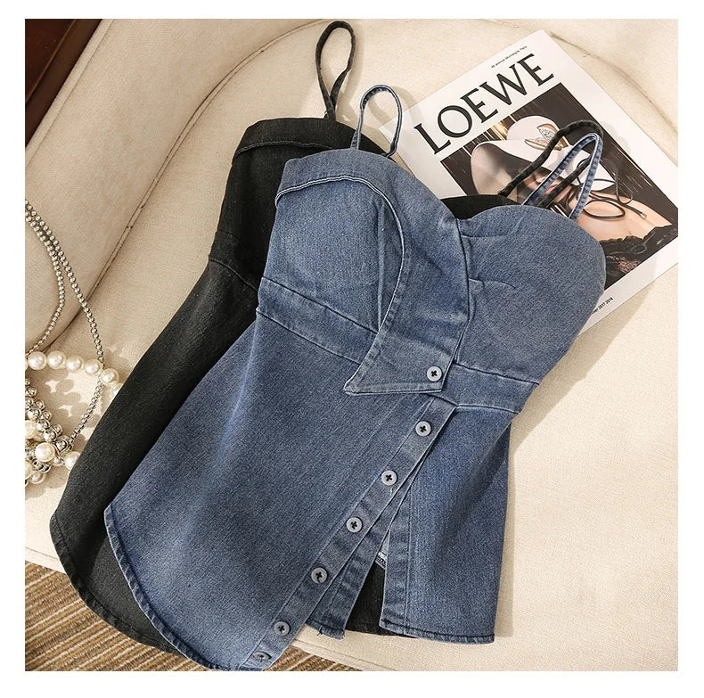 Irregular Halter Neck Denim Crop Top Women Summer Outdoor Wear with Chest Pad Slimming Sexy Girl Shirt Short Length Zipper