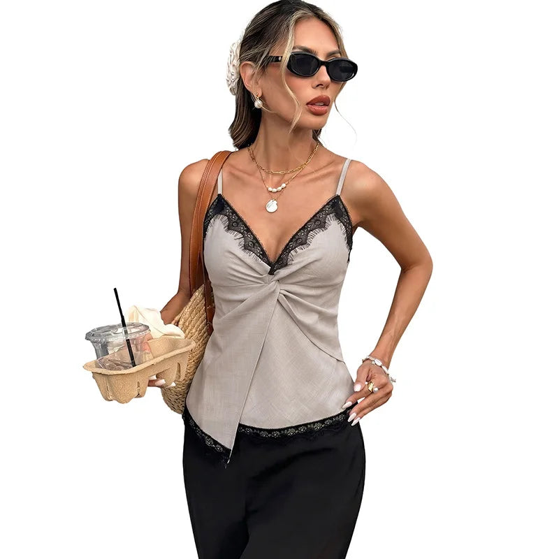 Women's Summer Y2K Lace Trim Cami Top Sexy V Neck Spaghetti Strap Twist Front Backless Camisole Going Out Outfit 2026
