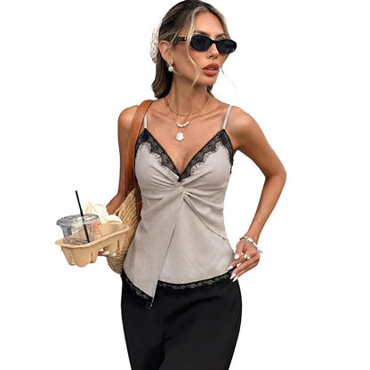 Women's Summer Y2K Lace Trim Cami Top Sexy V Neck Spaghetti Strap Twist Front Backless Camisole Going Out Outfit 2026