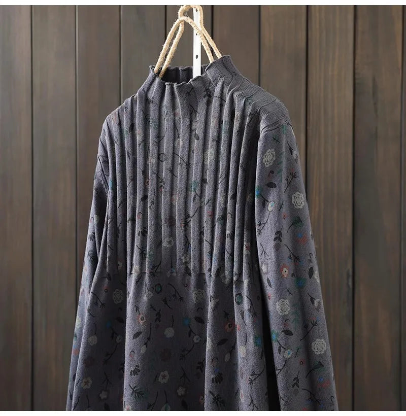 Retro Print Loose Knitted Dress Half High Collar Base Layer Skirt Autumn Winter Long Straight A-Line Dress for Women