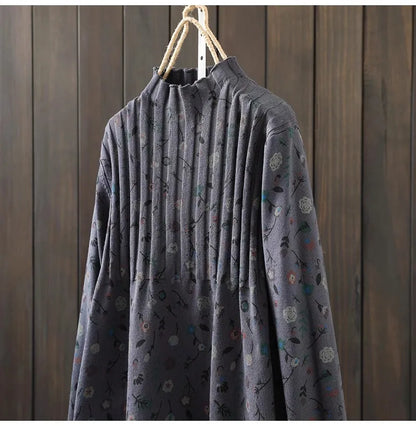 Retro Print Loose Knitted Dress Half High Collar Base Layer Skirt Autumn Winter Long Straight A-Line Dress for Women