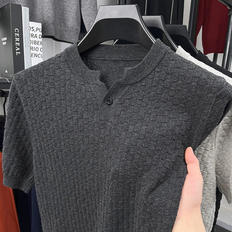 Textured Twisted Stripe Lightly Mature Henry Collar Knitted Short-sleeve T-shirt Men's Top 2026 Summer Casual T-shirt for Men