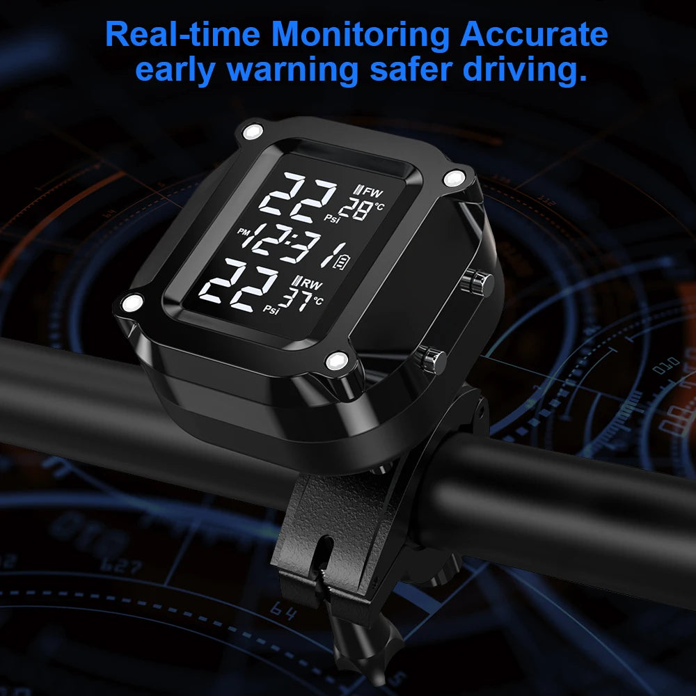 Powstation TPMS Wireless Motorcycle Tire Pressure Monitoring System Solar Charge Tyre Temperature Alarm System Colorful Display