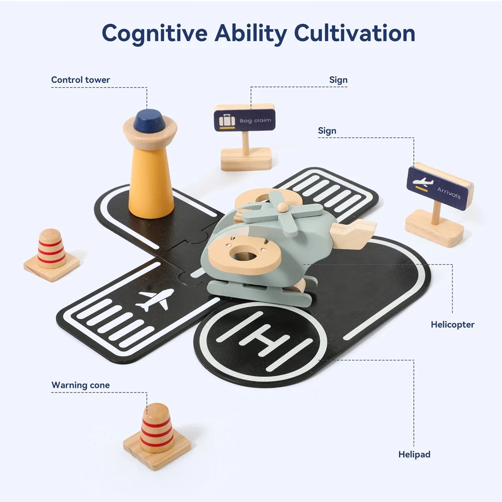 Wooden Building Block Airplane Toy Simulating Helicopter Landing Pad scene Kid Intelligence Education Game Child Interactive Toy