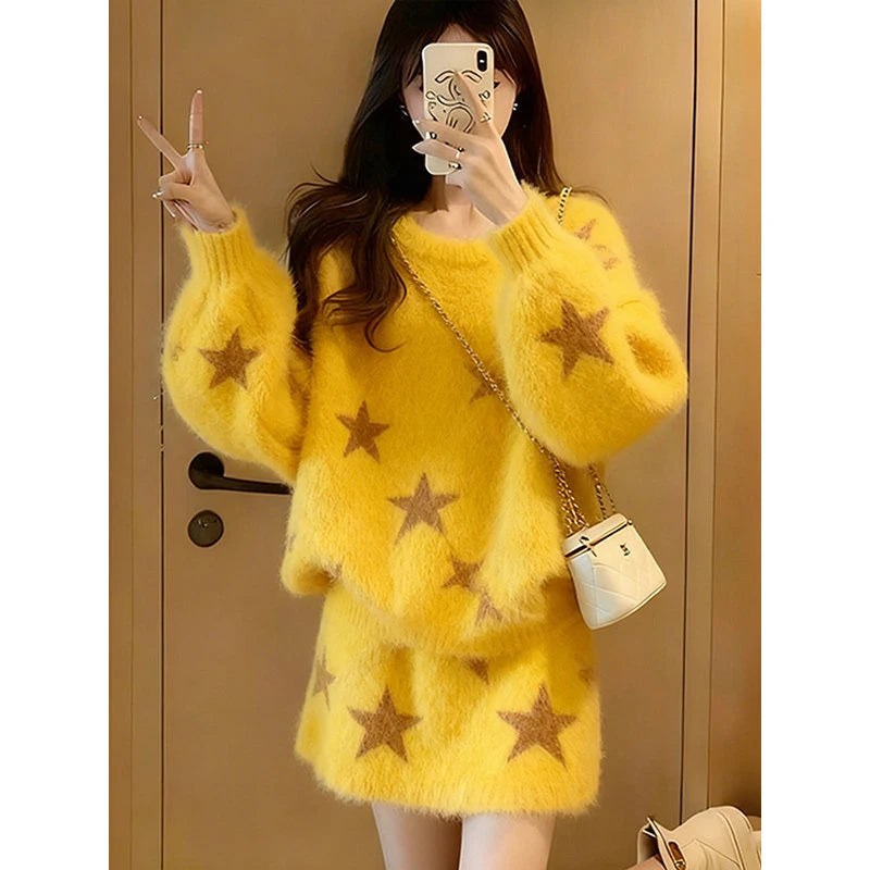 Fashionable Yellow Print Sweater High Waist Skirt Two Piece Set Slimming Effect Comfortable Fit Casual Winter Wear for Women