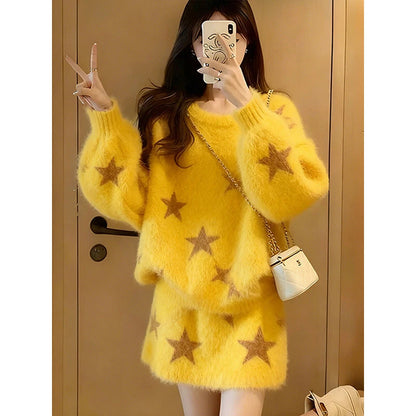 Fashionable Yellow Print Sweater High Waist Skirt Two Piece Set Slimming Effect Comfortable Fit Casual Winter Wear for Women