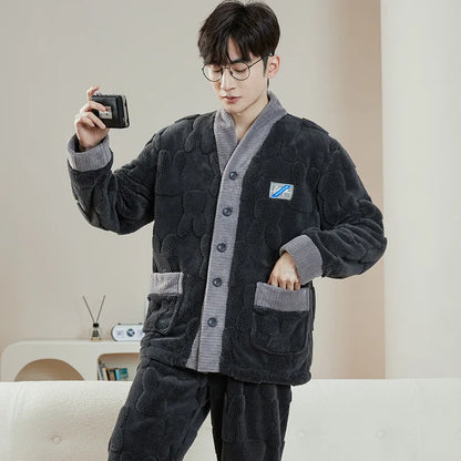2025 New Couple Sleepwear Men's Autumn Winter Stand Collar Zipper Thick Long Sleeve Coral Fleece Home Clothes Men's Pyjamas
