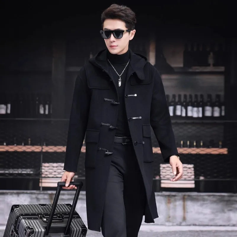 Mens 100% Wool Trench Overcoat Vintage Horn Button Hooded Long Coat Double Faced Sheep Fur Loose Fit Windbreaker Woolen Blends