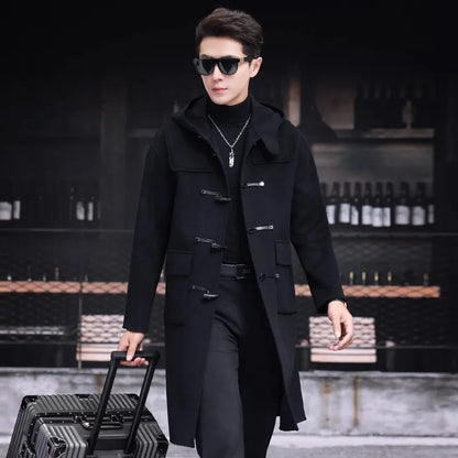 Mens 100% Wool Trench Overcoat Vintage Horn Button Hooded Long Coat Double Faced Sheep Fur Loose Fit Windbreaker Woolen Blends