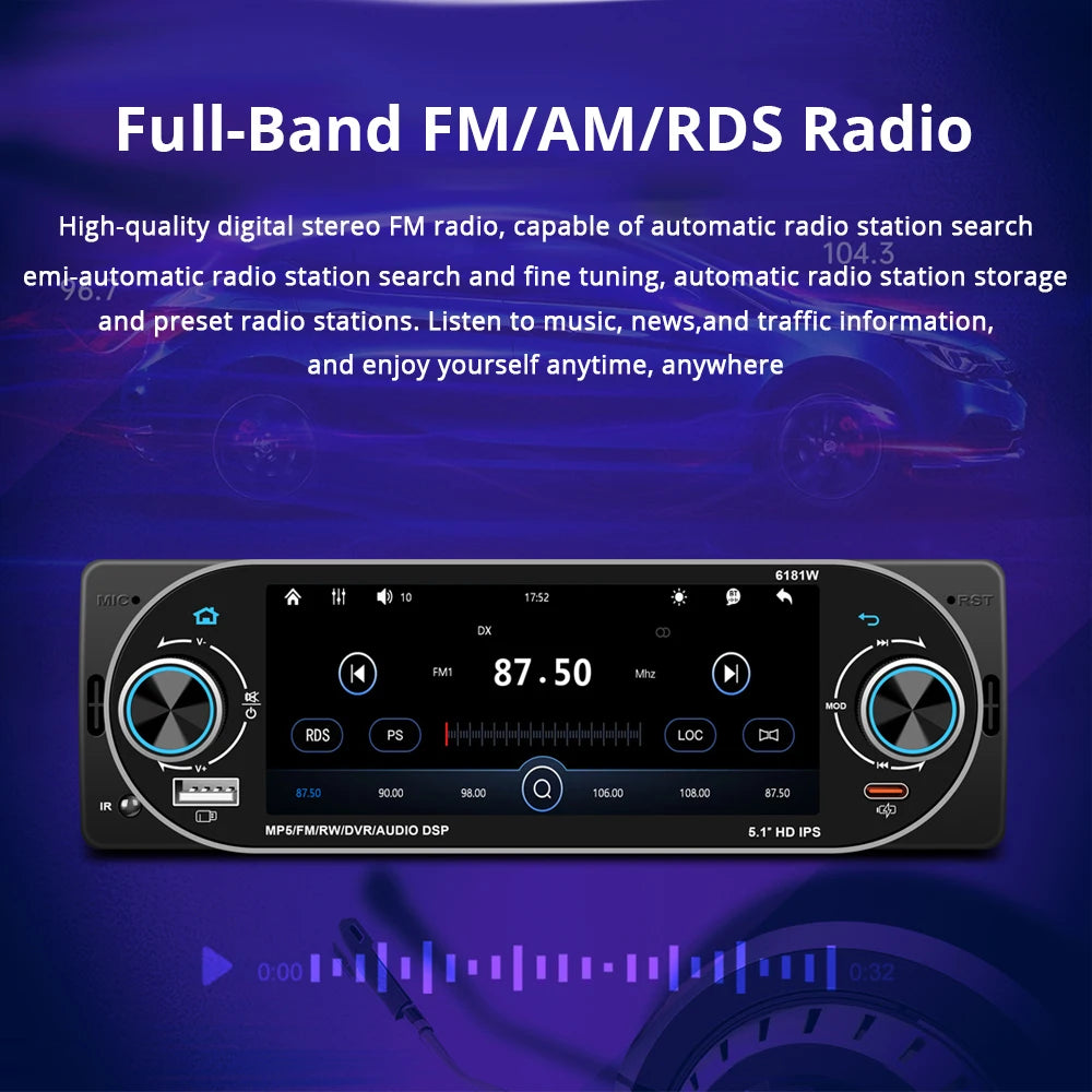 5.1Inch 1Din Car Radio MP5 IPS HD Player Support Wireless Carplay Android Auto Bluetooth FM AM RDS Stereo USB WIFI Video Player