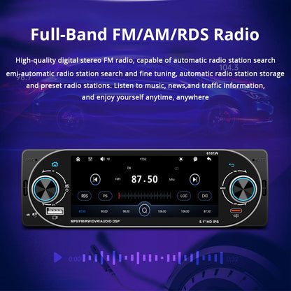 5.1Inch 1Din Car Radio MP5 IPS HD Player Support Wireless Carplay Android Auto Bluetooth FM AM RDS Stereo USB WIFI Video Player