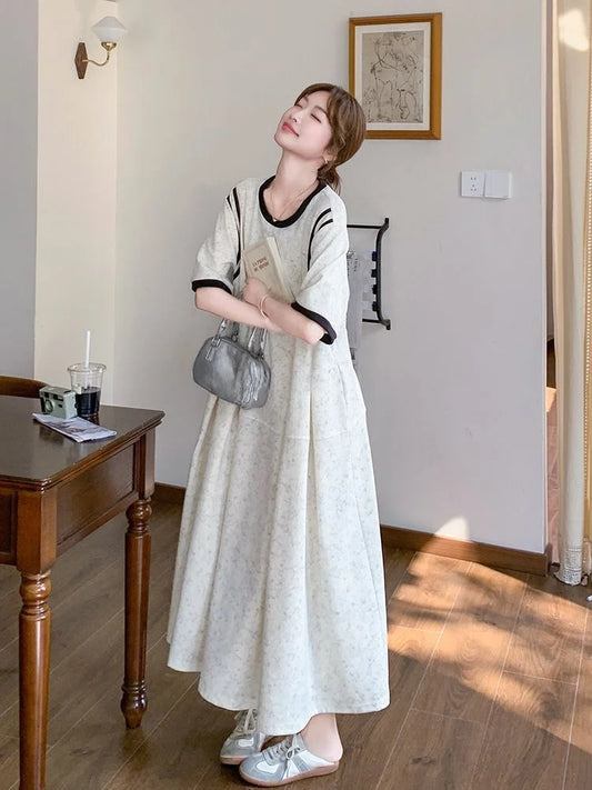 plus Size 300 Pounds Korean Style Slim Short Sleeve Dress Women's Loose Summer Age-Defying Lazy Style T-Shirt Dress