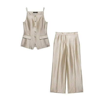 HH Woman Slim Single-breasted Sleeveless Tube Top Vest+Spring Elegant Pockets High Waist Straight Leg Pants Solid 2 Piece Set