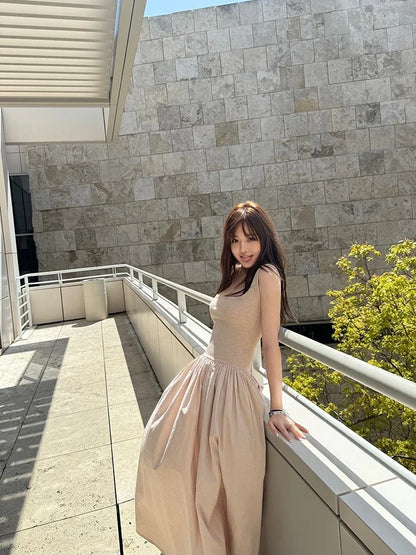 new Summer Patchwork Sleeveless Dress Vintage Female Fashion Casual Holiday Dress For Women Square Neck Long Party Dresses