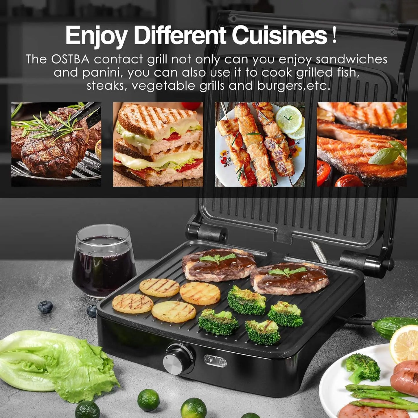 1200W Panini Press Grill with Adjustable Temperature, 4-Slice Indoor Grill, 180° Open Sandwich Maker with Drip Tray