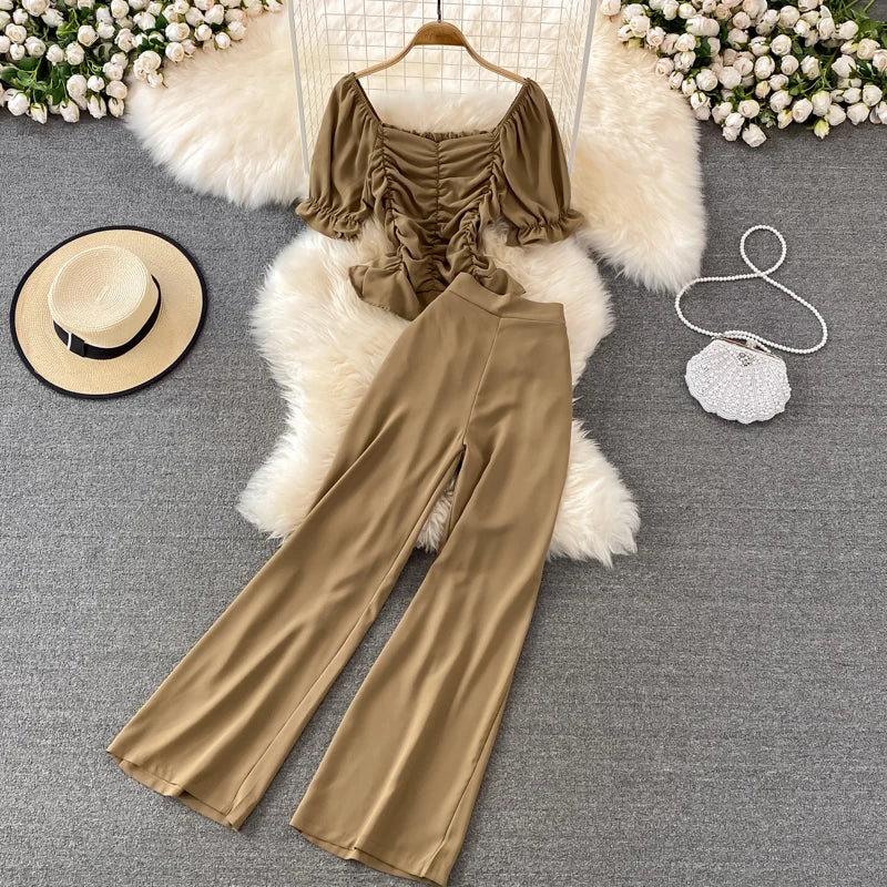 Faionable Casual Women's Set High Waist Wide Leg Pants Long Pants Two Piece Square Collar Slim Fit irt Spring