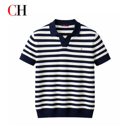 CH Men Two Tone Striped Short Sleeve Polo Shirt Distinct Tiny Brand Embroidery Left Chest Minimalist Golf Vacation Commute Wear