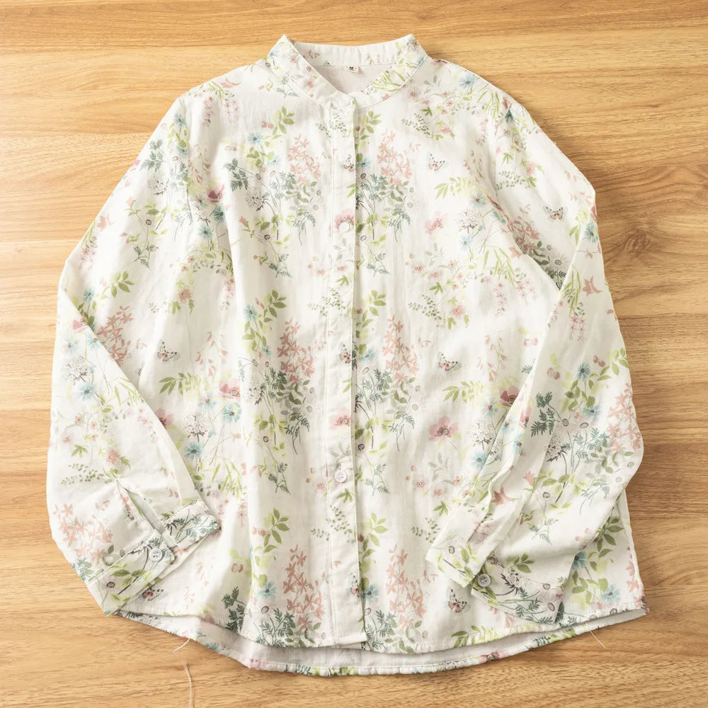 Slimming Long Sleeve Cotton Shirt Women's Fashionable Small Stand Collar Double Layer Printed Casual Shirt Autumn New Arrival