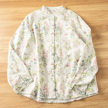 Slimming Long Sleeve Cotton Shirt Women's Fashionable Small Stand Collar Double Layer Printed Casual Shirt Autumn New Arrival