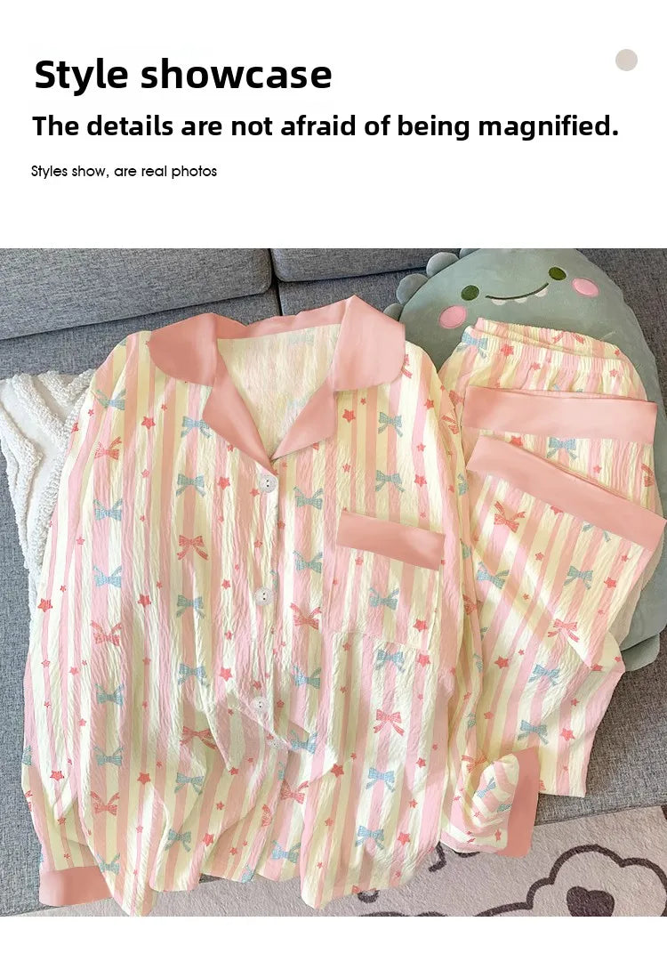 Girls Stripe Sleepwear Women's  Knot Star Long Sleeve Long Pants Korean Style Sweet Crepe Home Clothes Set