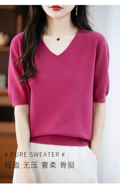 Thin Worsted Wool Short-Sleeved Women's Loose Round Neck T-shirt Printed Summer Fashion Knitted Bottoming Shirt Half-Sleeved