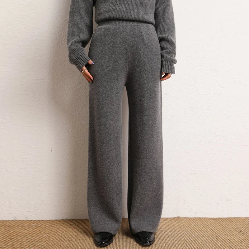 Women's 100% Cashmere Wide Leg Pants Knitted Thick Autumn/Winter Casual Solid Color Elastic Waistband Pockets