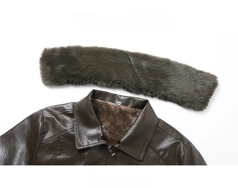 Fur Collar Men Faux Leather Jacket Winter Fleece Lined Biker Jackets Fashion Motorcycle Leather Coat Outwear Casual Streetwear